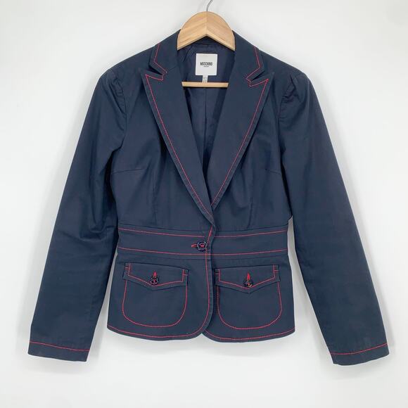 Moschino Navy Blazer With Red Contrast Stitching Peak Lapel Jacket - Picture 1 of 12